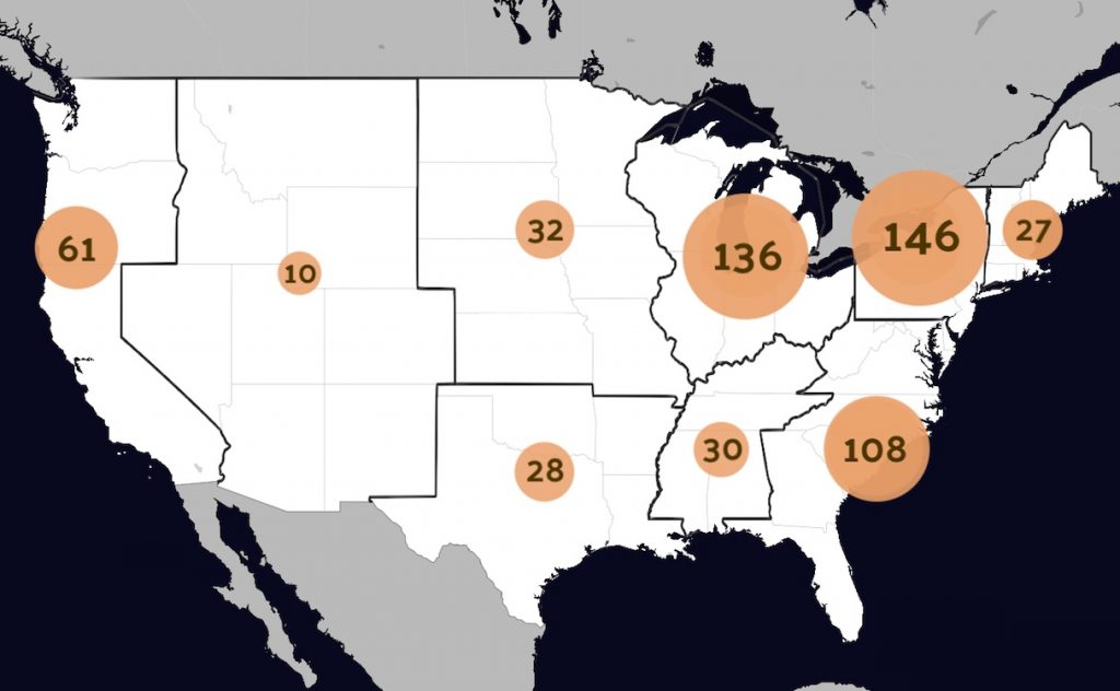 map showing total revolts in 9 subregions of the USA